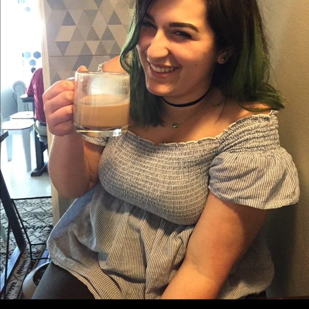 AEO off the shoulder blue and white striped blouse